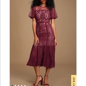 Lulu’s Ellington Burgundy Embroidered Lace Dress Midi Size S